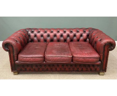 RED LEATHER THREE SEATER CHESTERFIELD TYPE SOFA  68 (h) x 188 (w) x 58cms (d)Provenance: private collection Conwy 