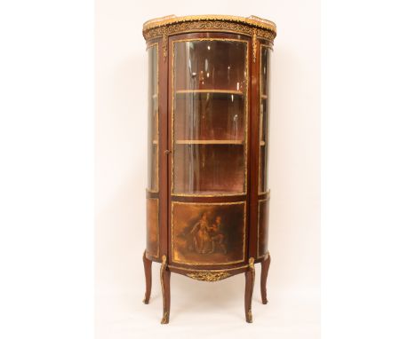 A bowfronted ormolu-mounted mahogany and vernis martin vitrine in 18th century style - first half 20th century, the marble to