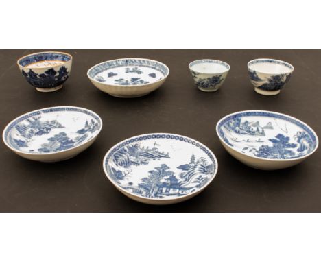 Seven pieces of Chinese export blue and white porcelain - late 18th and 19th century, comprising three tea bowls, one enriche