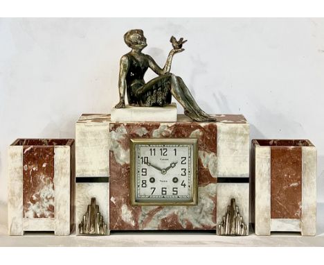 A French Art Deco marble, white onyx and spelter three piece clock garniture - 1930s, with square Arabic silvered dial, signe