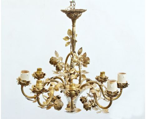 A French gilt brass and cut glass eight light chandelier - mid-20th century, in the form of a cut glass basket with scalloped