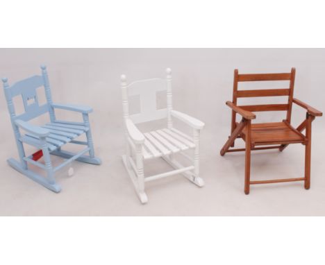 Three child's chairs - comprising a vintage folding beech wood ladder back chair (40.5cm wide, 55cm high); and two modern pai