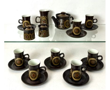 A Denby Arabesque pattern tea set, 1960s for eight place settings - comprising a teapot, a milk jug, two covered sugar bowls;