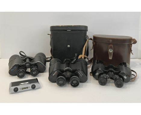 Three pairs of vintage binoculars - comprising a pair by Ross of London, 'Solaross' 9 x 35, with brown leather case; a pair b