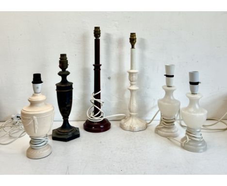 Six antique-style table lamps - including a pair of turned alabaster lamps, 20 cm high plus fitting; a 1920s black chinoiseri