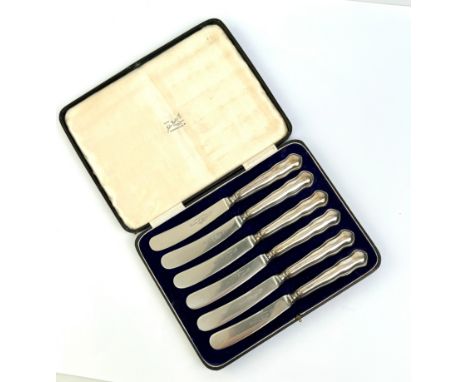 A cased set of six George V silver handled butter knives - B&amp;D, Sheffield 1927, the steel blades marked 'Robert F. Mosley