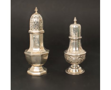 Two silver casters: 1. Henry Charles Freeman, London 1894, 14 cm high, 85 g 2. Goldsmiths & Silversmiths Company, London 1915