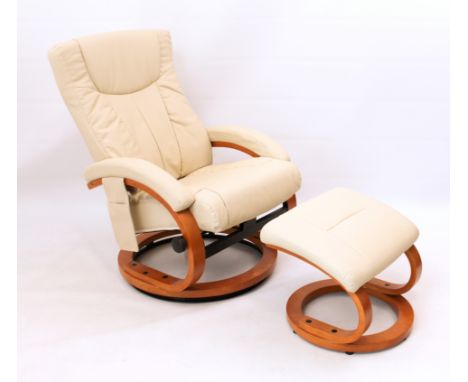 A cream leather Stressless-style reclining armchair and matching foot stool - VG condition, 67cm wide, 93cm high.