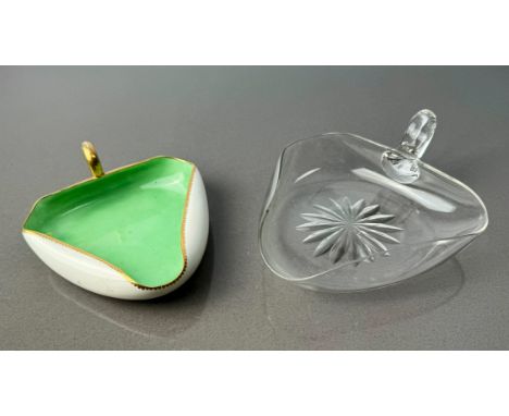 Two unusual triangular sauce boats - early 20th century, one in bone china, with mid-green interior and gilt handle and scall