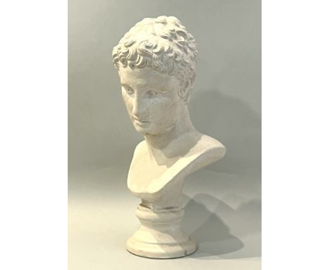 A composite stone bust of Apollo after the antique - 39.5cm high, on a separate painted, carved wooden Doric column base, ove