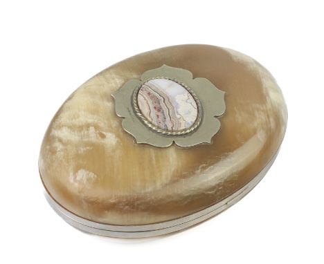 An oval horn, silver-plate and striped-agate box &ndash; second half 20th&nbsp;century, the hinged lid with silver-plated and