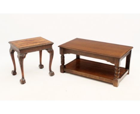 Two small occasional tables -  1. a rectangular oak low side table, second half 20th century, with an undershelf and turned f