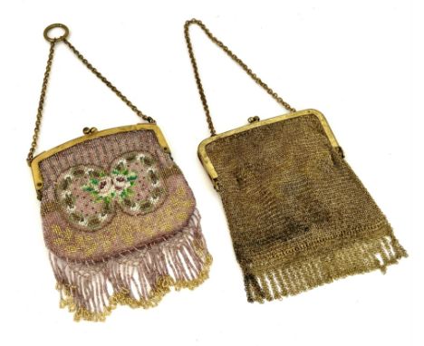 Two vintage early 20th century gilt metal evening bags - one beaded, in pink with gilt and silver decoration and a floral but