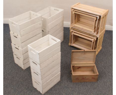 Seventeen pine shop / market display crates - comprising two graduated sets of three in plain pine with slatted sides (the la