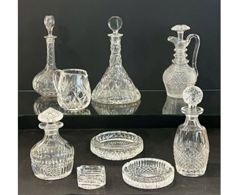 Five Waterford and other crystal and cut glass decanters - including a Waterford Colleen decanter with etched mark, 27.5cm hi