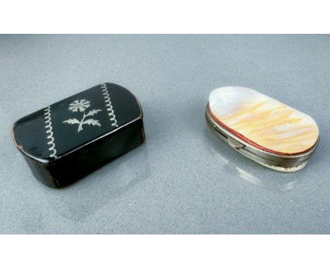 A Victorian inlaid papier-mache snuff box - 5.3cm long; together with a French plated and mother-of-pearl purse.