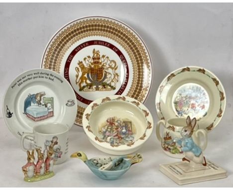 A small group of Beatrix Potter Peter Rabbit and Bunnykins bone china by Beswick, Wedgwood and Royal Doulton - including a Jo