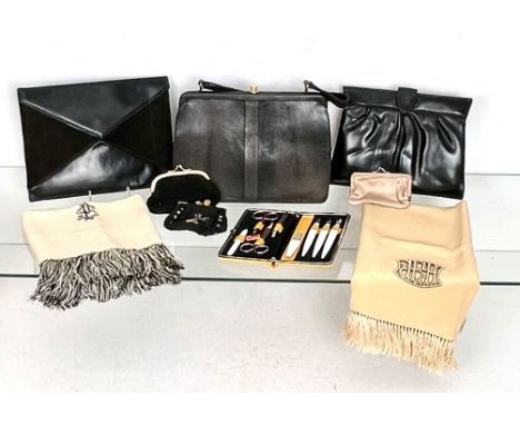 A small group of vintage fashion accessories - comprising a black snake skin handbag by Mappin &amp; Webb Ltd, 26cm long; tog