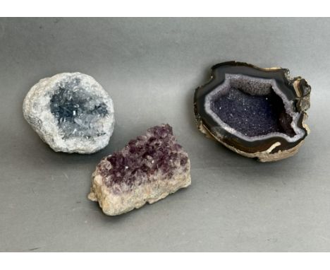 Three crystal mineral specimens - comprising a Celestite geode, 10 x 8 x 9cm approx; an agate geode, 13 x 11.5 x 8.5cm approx