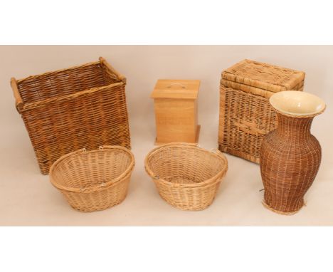 Six wicker and wooden items, comprising - 1. A rectangular wicker laundry or log basket (58 x 41 x 47cm);  2. A wicker covere