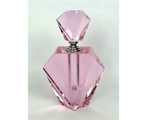 A large pink cut-glass perfume bottle with stopper - modern, in the Art Deco style, 25cm high.