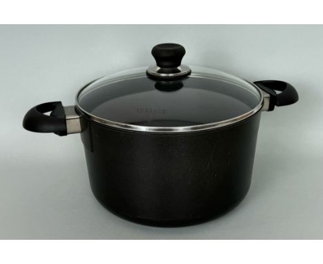 A Danish Scanpan Induction non-stick large pan or stock pot - with twin handles and glass lid, 27cm diameter, in good, used c