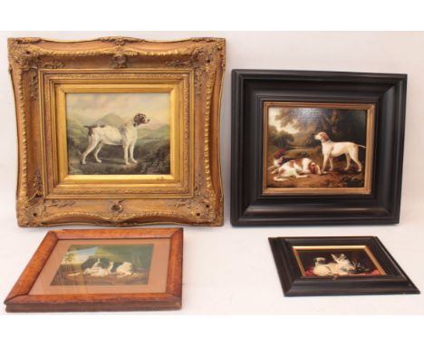 Four decorative prints of dogs and cats in antique-style frames: 1. a print on board of a pointer in a Highland landscape aft