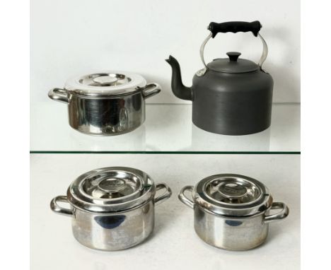 A boxed AGA Cook Shop Collection kettle and three AGA saucepans - in good, used condition, the saucepans comprising 3 litre, 