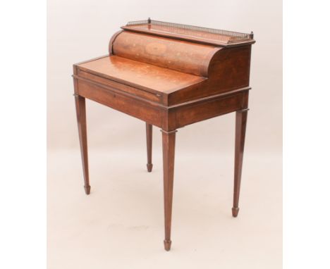 An Edwardian rosewood and marquetry bonheur-du-jour - the top and front panels inlaid with an oval patera, musical trophy and