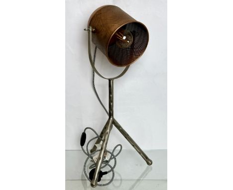 An industrial style floor or table lamp - modern, with adjustable pierced copper finished shade on a gun metal tripod base, 6