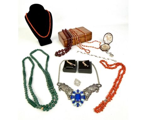 A small collection of vintage sterling silver and costume jewellery - including a vintage cherry amber bead necklace and two 