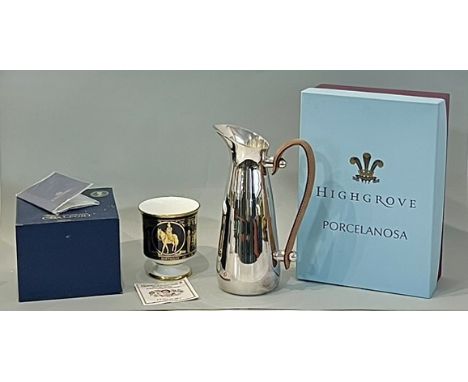 A Highgrove Porcelanosa silver plated water or lemonade jug - with etched Prince of Wales feathers to the front and leather h