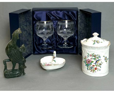 A boxed pair of Stuart Crystal Anastasia pattern brandy balloons - together with an Aynsley 'Pembroke' pattern covered jar an