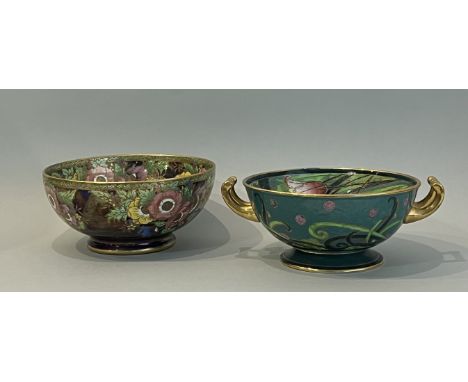 A Mintons earthenware two handled pedestal bowl in the Art Nouveau taste - early 20th century, blue-green printed factory mar