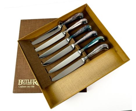 A cased set of Butler Cutlery silver-plated rat-tail pistol-handled dessert or cheese knives - by George Butler &amp; Co., Sh