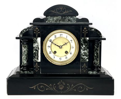 A Victorian green marble and black slate architectural mantel clock - with gilt dial with Arabic enamel chapter ring, 8 day m