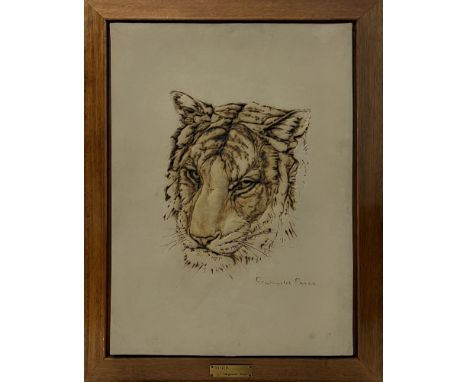 A framed stoneware Tiger plaque by Reginald Price - the rectangular plaque with a portrait of a tiger in low relief, signatur
