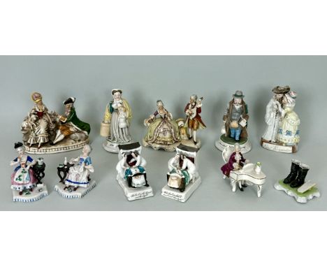 A small collection of late 19th and 20th century porcelain figures - including two fairings; a novelty porcelain boots and bo