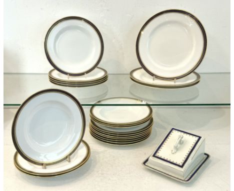 A part-set of Spode Copelands plates and soup plates, early 20th century - decorated with gilt Greek key and cobalt blue rims