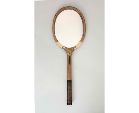 A novelty wall hanging mirror with wrought iron coat hook - formed from a vintage Slazenger 'Victory' tennis racket, later ov