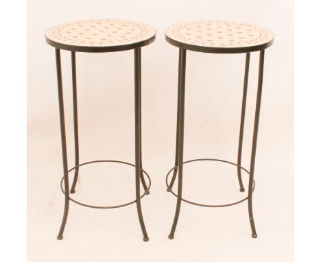 A pair of mosaic tile-top jardiniere stands or lamp tables - 37.5cm diameter, 75.25cm high.