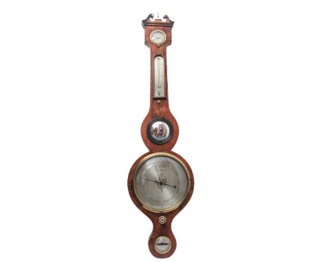 A Regency mahogany wheel barometer by L. Barnasconi of Bath - with boxwood and ebony edge stringing, swan neck pediment, silv