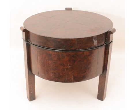 An Oriental tripod rice-box low table - first half 20th century, in hardwood, with (probably later) burr elm veneer, the top 