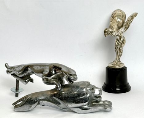 Three vintage car mascots including Rolls-Royce and Jaguar - the Spirit of Ecstasy a good quality after market example, the l