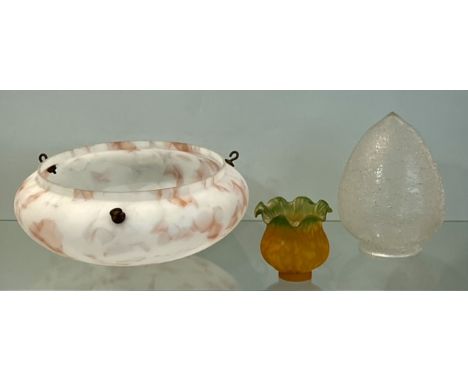 Three vintage early to mid-20th century lamp shades / ceiling lights - comprising a marbled white and coral coloured glass pl