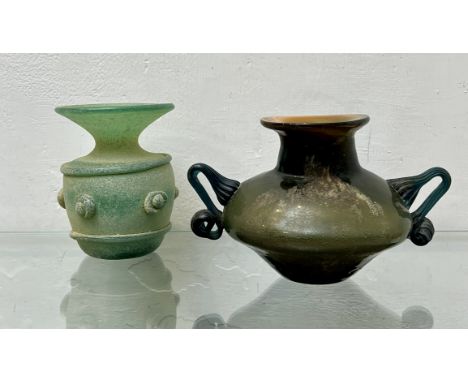 Two Italian glass hand blown vases in the Roman style - one probably first half 20th century, of bladed bun form in olive gre