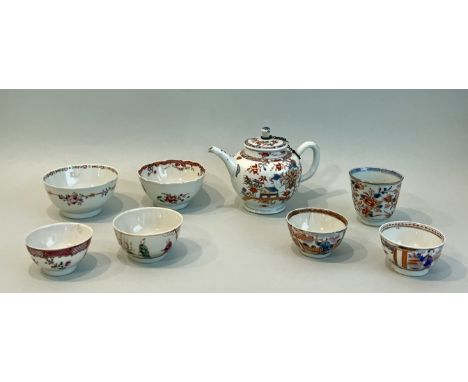 Eight pieces of Chinese famille rose and Imari decorated export porcelain - 19th century, comprising an Imari teapot (chip to