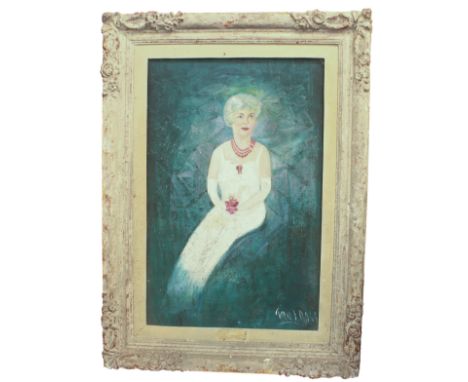 Cyril Joshua Ross (1891-1973) Full-length portrait of a lady wearing a white gown and red jewels oil on board, signed lower r