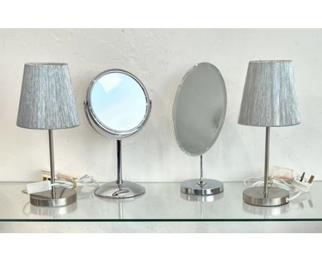 A pair of brushed stainless steel table or bedside lamps - with silver metal thread shades, overall height 34.75cm; together 