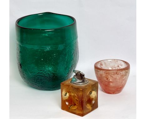 Three pieces of vintage glass ware, comprising - 1. A large, green blown glass vase, with moulded bark-effect decoration belo